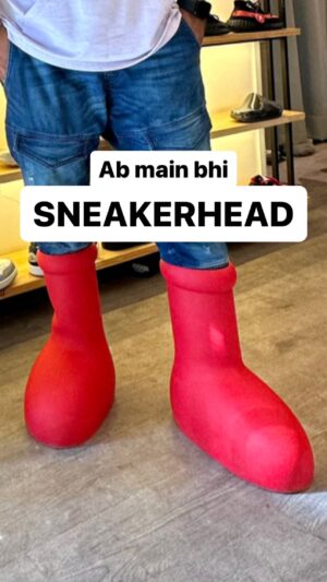Nishant Tanwar Instagram - Tried these out of the world “big red boots” in small size from MSCHF at @marketplacebymainstreet Mumbai store…bhai mazza he aa gaya 
.
.
.
.
.
.
#sneakers #sneakerheads #mschf #mischief #redboots #shoes