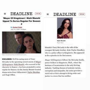 Nishi Munshi Instagram - BIG thanks to Taylor Sheridan, @hughdillon @Jeremyrenner @benrichardson @antoinefuqua Michael Friedman, Ron Burke, Stephen Kay and countless other creatives who make this happen. It took 12 years to get here and I owe more than words can describe to my team: Manager aka lifeline: @marqueentgroup Lawyer: @emmakris Publicist: Laurina Spencer @slate 
Agent: Artists & Representatives 
I couldn’t do it without you. Truly ❤️🙏🏽 #ittakesavillage #immigrantstories #englishwasntmyfirstlanguage @mayorofkingstown @paramountplus