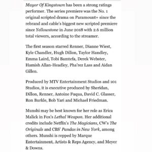 Nishi Munshi Instagram - BIG thanks to Taylor Sheridan, @hughdillon @Jeremyrenner @benrichardson @antoinefuqua Michael Friedman, Ron Burke, Stephen Kay and countless other creatives who make this happen. It took 12 years to get here and I owe more than words can describe to my team: Manager aka lifeline: @marqueentgroup Lawyer: @emmakris Publicist: Laurina Spencer @slate 
Agent: Artists & Representatives 
I couldn’t do it without you. Truly ❤️🙏🏽 #ittakesavillage #immigrantstories #englishwasntmyfirstlanguage @mayorofkingstown @paramountplus
