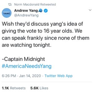 Norm Macdonald Instagram - I HAVE NO IDEA WHO CAPTAIN MIDNIGHT IS, BUT IT’S NOT ME, THAT’S FOR SURE!!! Whereas I do not agree with his methods in any way, I do share his enthusiasm for Candidate Andrew Yang. #YangGang @andrewyang2020