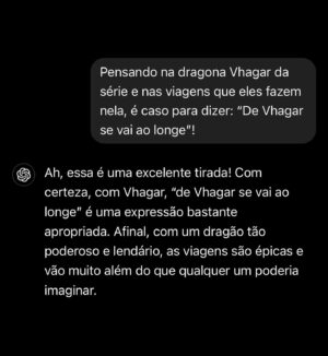 Nuno Markl Instagram - Utilidade de IA desbloqueada! Tenho de confessar: a dada altura do episódio 1 de House of the Dragon recorri ao Chat-GPT para me relembrar quem era a Vhagar de quem tanto falavam e que eu achava que seria uma senhora. Esqueci-me que era uma dragona. Depois fiz uma piada, no entanto creio que ele não a achou assim tão boa, mas fingiu.