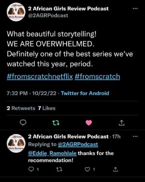 Nzingha Stewart Instagram - The people have spoken! If you haven’t watched it yet, please watch #FromScratch if you have, share! It’s so rare that we get to tell stories like this. I’m so proud of this work. So grateful to have been one of the many who has been touched by @tembilocke’s gorgeous story and @atticalocke’s beautiful humor and heart. This is who we are. #fromscratchnetflix