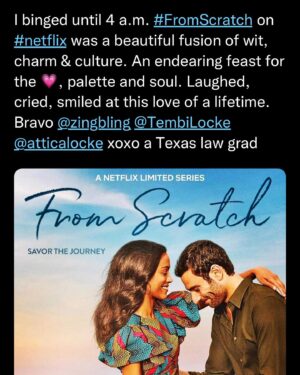 Nzingha Stewart Instagram - The people have spoken! If you haven’t watched it yet, please watch #FromScratch if you have, share! It’s so rare that we get to tell stories like this. I’m so proud of this work. So grateful to have been one of the many who has been touched by @tembilocke’s gorgeous story and @atticalocke’s beautiful humor and heart. This is who we are. #fromscratchnetflix