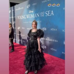 Olive Elise Abercrombie Instagram - Olive was so stoked to wear this special vintage dress she found to the #YoungWomanAndTheSea LA premiere! 🖤Possibly the most Olive dress ever? (Swipe to the end☺️)

Thank you to the glam squad! 😘
Makeup: @robertti 
Hair: @_douglasjack 

👗: @low_vintage 
👠: @kurtgeiger