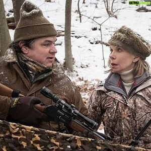 Oliver Platt Instagram - A snowy scene with my old pal Christine Baranski on the set of The Good Wife, who looks fab in everything, including camo! Stay warm out there! ❄️