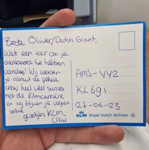 Olivier Richters Instagram - So sweet... 🥹 Mid flight I got this card (swipe) saying: "Dear Dutch Giant, it is an honor to have you on board today. All of the crew wishes you best of luck in you movie carreer and we will keep following you online". These stewardesses at @klm are the sweetest, best flight ever haha. I'm back in Toronto for my new film/series meanwhile running @musclemeatnl , @dutchgiantnutrition and @tall.origin online. Ps. @klm can we make the ceiling higher or do we lose aerodynamics?

#thedutchgiant #klm #flight #stewardess #movie #serie #fans #followers