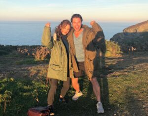 Orla Brady Instagram - Here I am with the amazing @kevinjryan having completed our first scene together in Wicklow. Not sure why i look so deloyra with myself..I think I was just pleased I remembered my lines and didn’t bump into the furniture. Yes, I know there is no furniture on a cliff but still. Come watch us this Sunday at 9.30pm on @RTEOne #SouthWesterlies  @deadpan_pictures