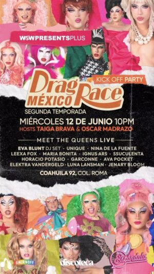 Óscar Madrazo Instagram - Te invitamos a la “Kick off Party: Meet the Queens LIVE” este miércoles 12 de junio en Discoteca! 🌟✨

📍 Coahuila 92, Col. Roma 
⏰ 22:00 hrs 
🎟️ Acceso con cover y preventa disponible en nuestra bio o stories

✨ Incluye un drink especial al ingresar 🍸

Ven a conocer a las 13 participantes de la segunda temporada de Drag Race México 🏁, con los presentadores del programa: Taiga Brava @taigabrava y Oscar Madrazo @madrazooscar, Disfruta de performances increíbles, shows espectaculares y sorpresas I-CO-NI-CAS! . ¡Una noche llena de glamour y diversión que no te puedes perder! 🎉🪩🍾

📞 Para más información, manda mensaje directo o contáctanos al 5518282773. ¡Estamos para ayudarte!

#DragRaceMexico2 #KickoffParty #GayNightlife #MeetTheQueens #DragRaceFever #Pride #LGBTQ #GayPride #DragShow #Instagay #DragRaceMexico #rupauldragrace #dragrace #drmx2