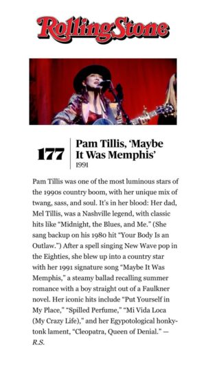 Pam Tillis Instagram - @rollingstone named “Maybe It Was Memphis” one of the greatest country songs of all time. What an honor! Read the full article now at rollingstone.com
