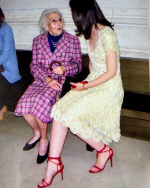 Pamela Golbin Instagram - #Celebrating with my then 95 year-old grandmother, #Mathilde, in her favorite #Balenciaga #Couture suit and #PleatsPlease top at the opening of the #ValentinoThemesAndVariations exhibition I curated