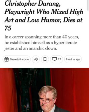 Paton Ashbrook Instagram - 💔💔
When I was a theatre obsessed pre-teen I read all of Christopher Durang’s plays and proclaimed him my FAVORITE PLAYWRIGHT. I felt seen is his quirky darkness and cutting satire that made me laugh-cry at the absurdity and still felt like a dagger in the chest.
I remember watching my aunt @tayashbrook perform Laughing Wild in a tiny NoHo blackbox and how much fun she was having. Doing a Durang play went right on my bucket list.
If you told me a little over 10 years later I’d get to not only meet him, but interact and learn from him as a student, I don’t know if I would’ve believed it. 
What a loss. Much love, Chris. Thank you for being such a major influence on my love for theatre and the absurd. 🕊️ #christopherdurang #rip