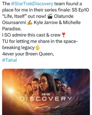 Patricia Summersett Instagram - The #startrekdiscovery team found a place for me in their series finale. SO many people in this cast & crew I admire. Please pinch me! 🖖
S5 Ep10 “Life, Itself” out now. W/ 🎬 Olatunde Osunsanmi, ✍️ Kyle Jarrow & EP Michelle Paradise. And thanks to @lparasyn 

Grateful to share in a shard of this spacebreaking legacy. 
Forever your Breen Queen,
#Tahal 
#paramountplus