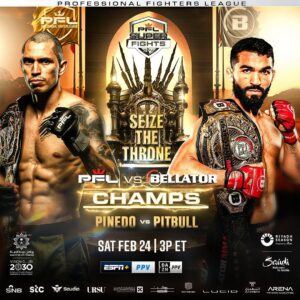 Patricio Freire Instagram - A Featherweight Clash In Riyadh. Two Featherweights who will not back down til one of them takes a seat on the throne 👑🏆

@elmudopinedo 🆚 @patriciopitbull 

#PFLvsBellator | #RiyadhSeason