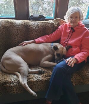 Patrick John Flueger Instagram - My Grandma is an absolute BOSS!! #G-Ma •
Please note the pink hoodie, pink nail, pink sock coordination   big beautiful dog! What?!?!?! She’s Like...a kind hearted kick ass version of Cruella de Vil #TheGreatestGeneration