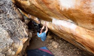 Paul Robinson Instagram - Tal of the caracal v11/12. Fun one from the other day! Got to surf and climb on the same day. Not a bad day! Waiting for some good cold dry days ahead to hopefully start ticking off some of the harder lines I’ve been trying! #bouldering photo: @lizzy.ellison