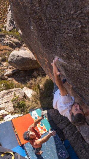 Paul Robinson Instagram - The send of “Get Railed” has got to be one of my more special moments in my climbing history. This thing would keep me up at night when I was 10,000 miles away from the boulder thinking about it’s terrifying landing and precarious moves high off the deck with a near no fall zone. It took a lot of mental fortitude to get myself to a point where I could really push through the fear and send this beast of a climb. I cannot wait for more Africa fun in a few more months! #bouldering video: @lizzy.ellison