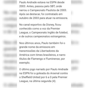 Paulo Andrade Instagram - Sim, a realização de um sonho. Indescritível a sensação de ter sido convocado para esse novo desafio na principal empresa de comunicação do Brasil. Quem recebe um convite da @tvglobo não pode tratar de outra forma, a não ser como convocação. 

Não faltará empenho, dedicação, estudo para que sobrem sorrisos, emoções e grandes momentos nesse passo gigantesco que estou dando na minha trajetória profissional. 

Obrigado por tantas mensagens e demonstrações de carinho recebidas desde o momento da comunicação. É proporcional à vontade que tenho de continuar merecendo o incentivo de todos os que vibram com a minha alegria num momento tão especial.

Vamos por muito! Bora trabalhar. Logo estaremos juntos.

@tvglobo
@sportv 
@premiere 
@ge.globo