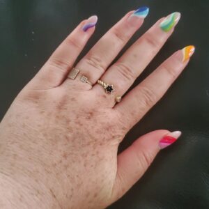 Perri Lauren Instagram - I dont usually post this, and excuse my chubby hands but...Can we take a moment to appreciate theseb nails by Anya @nailsglamour_eastwindsor ?

And this ring by Paula @alefbetjewelry

I support my friends. 🇮🇱❤️💛💚💙💜 #pride #pridemonth #istandwithisrael #Jewish #jewishpride
