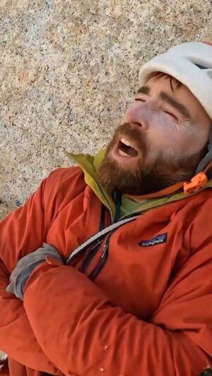 Pete Whittaker Instagram - @seanvillanuevaodriscoll getting to the belay after the crux offwidth pitch 🥶
One third of the pitch was full verglass, which meant armbaring, stacking and kneelocking in ice.
The cams kept tracking out and the only way to keep them in was point the stem at 90 degrees to the crack (rather than stem pointing down), so the lobes would engage on the 6 inch of outer crack which wasn't iced. Definitely a tricky set of scenarios to overcome this one...