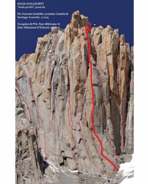 Pete Whittaker Instagram - Another short window of weather allowed us to try the newly established route "Anda p' alla!" on West Face of Guillaumet, which was put up by @facusaubidet @jerecastana @santi.scavolini @franco_toscani at the beginning of Jan.
Photos from the FA showed some amazing looking cracks and also suggested that the crux might be possible to free at 8a.

The route didn't disappoint, brilliant rock on perfect flaring splitters.

@seanvillanuevaodriscoll put in yet more solid leads onsighting through the first points of Aid on pitch 4. Then I was up first at giving the crux pitch a look. 
The bottom section initially felt trickier than it probably should have, as it was a wet crack (about E5) which I had to chop ice from whilst climbing.
I got stopped by an obvious crux; A thin seam with awkward body positioning and flaring finger jams. The individual moves went free and I went to the anchor.

Sean had a lead and worked on the moves, then next go i surprised myself by redpointing it!

We summited Guillaumet still in daylight and all got down safely to camp by midnight. Thanks for another good trip Sean and @julia.cassou 

And thanks Facu, Jere, Santi and Franco for opening a brilliant route. The estimated grades on the pitches with aid seemed about right. We thought 7b(ish) for pitch 4, and 8a(ish) for pitch 5.

It's an incredible place on the rock up there, but the mountains in Patagonia still scare me, so full focus and climbing well is the only option

Pic 1. Crux pitch
Pic 2. Summit
Pic 3. At the belay after the crux
Pic 4-5. Topo

📸 @julia.cassou 
📸 Topo @patagoniavertical 

@patagonia_climb 
@wildcountry_official 
@unparallelup 
@sterlingrope