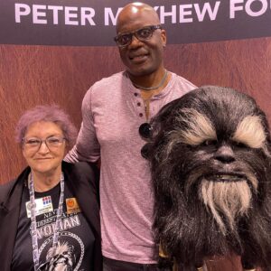 Peter Mayhew Instagram - You never know who you’ll run into at @SW_Celebration - Book of Boba Fett’s Carey Jones (Krrsantan) got a Wookiee sized hug from Angie Mayhew. #StarWarsCelebration
