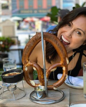 Pilar Holland Instagram - Just a girl and her pretzel 🥨 oh… and her cheese fondue 🫕 

#justbecause #pretzels #oktoberfest #cheesefondue