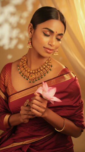 Preethy Karan Instagram - Aga Naga Aga Naga muga nagaye…………🌷
.
.
.
.
.
.
.
.
MUA @anupama.krishnamachari 
Hairstylist @saisubha_hairstylist 
Stylist @beingroofa 
.
.
.
For @sukra_jewellery