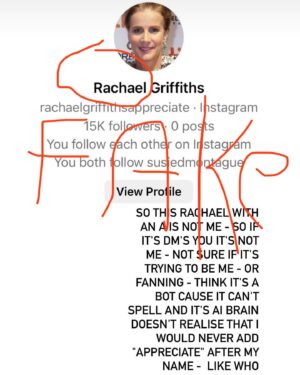 Rachel Griffiths Instagram - Block and report . Thanks and sorry this no good no grammar no spell bot has infiltrated your DM's