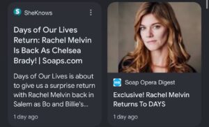 Rachel Melvin Instagram - I guess the cat’s out of the bag! I wanted to do a video of myself dressed as a cat coming out of my husbands magic bag (not a euphemism) to announce it, but I just couldn’t get it together in time. So, thank you @soapdigest for this lovely announcement, feature and interview, available on newstands this Friday. 

I’m so excited to reprise my role as Chelsea on #Days next Thursday. It was such a bittersweet return and I’m so grateful to have had the opportunity to reunite with my cast mates to honor the late, great #JohnAniston

#days #dool #daysofourlives #daytime #soapopera #drama #soapoperadigest #peacock #nbc #nbcpeacock #peacocknetwork