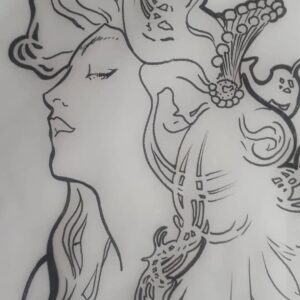 Rachel Osborne Instagram - Working on a customized Mucha piece for a client... this one is gunna be fun! #alphonsemucha #mucha # tattoo #tattooart #tattoodesign #workhard #tattooartist #ink