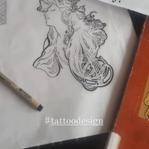 Rachel Osborne Instagram - Working on a customized Mucha piece for a client... this one is gunna be fun! #alphonsemucha #mucha # tattoo #tattooart #tattoodesign #workhard #tattooartist #ink