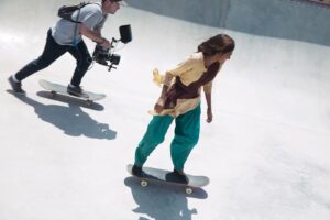 Rachel Sanchita Gupta Instagram - Happy #goskateboardingday 
.
Keep the spirit of skateboarding alive and conquer your fears!
#SkaterGirlFilm #skatergirlonnetflix 
.
In picture, with our amazing skating choreographer @brettnovak.