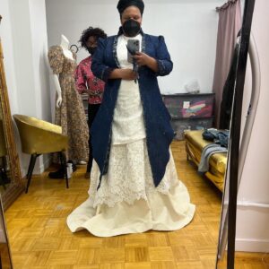 Radha Blank Instagram - I just needed to use this space to celebrate the QUEENS behind this dynamic dress design.

I knew what I wanted but cannot draw to save my life. Denise Trotman, my best friend of over 30 years, lent her amazing talent in sketching our design but added details I could have never imagined. Denise there is no way I could have done this without you. That day we went to pick out the fabrics is proof! We found just what we needed because you are my good luck charm! God blessed me with your friendship but he blessed us all with your gift as an artist! 

And then Jenny. Lord. Where do I begin? Not sure you remember but when you first came to my house to take my measurements I freaked out when I saw your hands. They looked like my mothers hands! She also wore turquoise nail color! I took a picture knowing this meant my mom was in the room and this was meant to be! This powerhouse Jenny has been making clothes, reconstructing and remixing garments for decades and how blessed am I that she was able to complete this look IN JUST THREE WEEKS!!! When I showed up to look at muslin she damn near had a whole dress completed! Grateful @brandicedaniel put me in touch with you and your mastery Jenny. 

The design was evolving…long coat to short coat…layered denim to bustle effect but what never wavered was each of your beautiful Black women’s determination to get the final garment for the Obeah Woman DOWN!  Denise my Trini queen and Jenny my Jamaican queen. Thank you ladies!!
🇹🇹❤️🇯🇲

#blackwomen #madebyblackwomen #obeahwomancomeintotheroom #wegoodthx! #metgala #metinamerica #metcostumeinstitute 

Special out to @kellyaugustine for her keen eye and input and pulling the other elements in! Next post is yours ma!