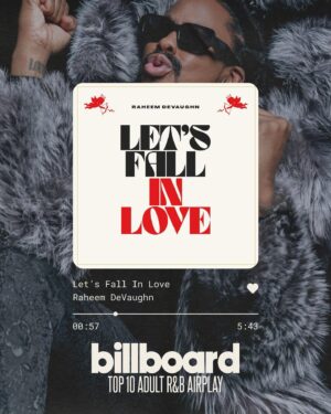 Raheem DeVaughn Instagram - I’m 100% Independent.

I have NO major backing currently & 
haven’t for 15 yrs   so announcing that I have another 
TOP 10 record is a major pivot
 & blessing. 

The moral of the story is learn the music BUSINESS and don’t be afraid to BET ON YOURSELF 🫴🏽✨🎲 🎈

“Let’s Fall In Love” 
Top 10 @billboardcharts UAC 

#WINBIG 
#BUYTHEARTFROMTHEARTIST