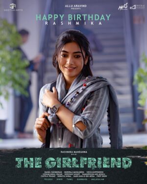 Rahul Ravindran Instagram - Her eyes smile before she does. And they speak the words that she won’t 🫰🏻❤️

Introducing #TheGirlfriend 🫰🏻😍

Wishing the National crush, the ever joyous & cheerful @rashmika_mandanna a very Happy Birthday ✨

#HappyBirthdayRashmika ❤️‍🔥

@dheekshithshettyofficial @rahulr_23 @GeethaArts #AlluAravind @sknonline #VidyaKoppineedi @dheerajmogilineni @heshamabdulwahab @massmoviemakers @dheerajmogilinenientertainment
