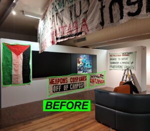 Randa Abdel-Fattah Instagram - VANDALISM AGAINST PRO-PALESTINE ACTIVIST MATERIAL @ouranu School of Art and Design exhibition on activism‼️

Over the past few weeks, students at SOAD have been putting together an exhibition on student activism. 
This morning, it was discovered that all posters, banners, and other material related to Pro-Palestine activism were removed or destroyed, whilst other exhibits remained. 

This horrific display of vandalism is not only an infringement on our right to free speech and protest, but a clear act of racism. We will not allow this to be overlooked. We call on the university to investigate these blatant racist attacks. We call on the university to stand by the right of students to express their solidarity with the people of Palestine through protest and artistic expression. We call on the university to take action to prevent further racist abuse and discrimination.

Forever for a free P@lestine🇵🇸✊

[Images depict:
~ Removed Palestine banners
~ Removed Palestine posters from the wall whilst others were kept up
~Posters cut in half to remove the Palestinian flag, but leaving the Aboriginal flag (on the ground) 
~ Removal of unmarked Palestinian flags (without slogans)]