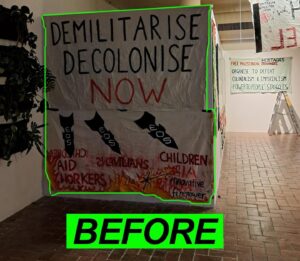 Randa Abdel-Fattah Instagram - VANDALISM AGAINST PRO-PALESTINE ACTIVIST MATERIAL @ouranu School of Art and Design exhibition on activism‼️

Over the past few weeks, students at SOAD have been putting together an exhibition on student activism. 
This morning, it was discovered that all posters, banners, and other material related to Pro-Palestine activism were removed or destroyed, whilst other exhibits remained. 

This horrific display of vandalism is not only an infringement on our right to free speech and protest, but a clear act of racism. We will not allow this to be overlooked. We call on the university to investigate these blatant racist attacks. We call on the university to stand by the right of students to express their solidarity with the people of Palestine through protest and artistic expression. We call on the university to take action to prevent further racist abuse and discrimination.

Forever for a free P@lestine🇵🇸✊

[Images depict:
~ Removed Palestine banners
~ Removed Palestine posters from the wall whilst others were kept up
~Posters cut in half to remove the Palestinian flag, but leaving the Aboriginal flag (on the ground) 
~ Removal of unmarked Palestinian flags (without slogans)]