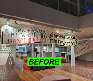 Randa Abdel-Fattah Instagram - VANDALISM AGAINST PRO-PALESTINE ACTIVIST MATERIAL @ouranu School of Art and Design exhibition on activism‼️

Over the past few weeks, students at SOAD have been putting together an exhibition on student activism. 
This morning, it was discovered that all posters, banners, and other material related to Pro-Palestine activism were removed or destroyed, whilst other exhibits remained. 

This horrific display of vandalism is not only an infringement on our right to free speech and protest, but a clear act of racism. We will not allow this to be overlooked. We call on the university to investigate these blatant racist attacks. We call on the university to stand by the right of students to express their solidarity with the people of Palestine through protest and artistic expression. We call on the university to take action to prevent further racist abuse and discrimination.

Forever for a free P@lestine🇵🇸✊

[Images depict:
~ Removed Palestine banners
~ Removed Palestine posters from the wall whilst others were kept up
~Posters cut in half to remove the Palestinian flag, but leaving the Aboriginal flag (on the ground) 
~ Removal of unmarked Palestinian flags (without slogans)]