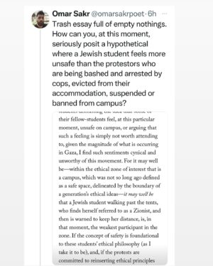 Randa Abdel-Fattah Instagram - Palestinians are "resisting" genocide actually. I beg people still using the word 'nuance' and 'complex' 7 months into this live-streamed genocide, read Palestinians who have written libraries worth of beautiful, compelling, brilliant nuance. After 76 years of nuance, our children's bodies are being ripped and burnt to shreds on our phone screens whilst pretentious writers think that
students protesting over 14,000 slaughtered children need to consider how Zionists feel about their protests.
Swipe right for some 'nuanced' takes.