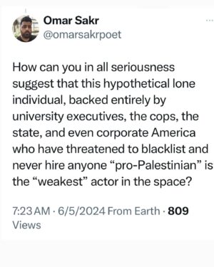 Randa Abdel-Fattah Instagram - Palestinians are "resisting" genocide actually. I beg people still using the word 'nuance' and 'complex' 7 months into this live-streamed genocide, read Palestinians who have written libraries worth of beautiful, compelling, brilliant nuance. After 76 years of nuance, our children's bodies are being ripped and burnt to shreds on our phone screens whilst pretentious writers think that
students protesting over 14,000 slaughtered children need to consider how Zionists feel about their protests.
Swipe right for some 'nuanced' takes.