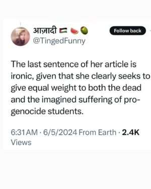 Randa Abdel-Fattah Instagram - Palestinians are "resisting" genocide actually. I beg people still using the word 'nuance' and 'complex' 7 months into this live-streamed genocide, read Palestinians who have written libraries worth of beautiful, compelling, brilliant nuance. After 76 years of nuance, our children's bodies are being ripped and burnt to shreds on our phone screens whilst pretentious writers think that
students protesting over 14,000 slaughtered children need to consider how Zionists feel about their protests.
Swipe right for some 'nuanced' takes.