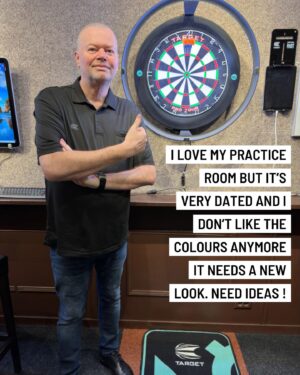 Raymond van Barneveld Instagram - 🎯 Time to refresh my practice room in my office
🎯Long overdue as I don’t like the idea of hassle of it all but it now is the time.

🎯Need to decide on what to do 🤔 ideas welcome!

#project #darts #rvb #refurb #officedesign #dartsroom #freshlook #designideas #office #decoratingideas