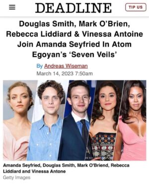 Rebecca Liddiard Instagram - We made a movie with a legend! Atom Egoyan collected a truly amazing cast for his new film #SevenVeils and I am so grateful I got to be a part of it! 

@therealvinessaantoine @atom.egoyan @mingey @douglasthesmithest @markobrienforeal @telefilm_canada @xyzfilms @elevation_pics

Also just to lift the veil a little bit here: Do actors just sit around waiting to post Deadline articles about themselves? YES we absolutely-freaking-do. I really am so excited to share this 💛