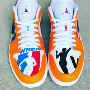 Rebecca Lobo Instagram - Celebrating today’s All Star game and the @wnba’s 25th anniversary with these custom kicks. @kshaffstallkicks_ worked her magic, down to the reporter Jumpman wearing my favorite color dress 😂.