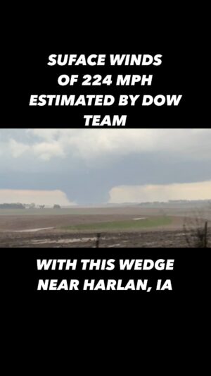 Reed Timmer Instagram - Here is our view of the finger of god near Harlan, Iowa, incredibly visible from long range. The DOW team estimated 224 mph surface winds with this wedge. We were blocked by down trees after intercepting the Council Grove tornado @edgarthestormchaser