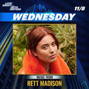 Rett Madison Instagram - yodeling on @latenightseth tonight!!! tune in at 12:35 AM ET / 11:35 PM CT to catch “Flea Market”. To celebrate my late night debut, I’m playing @mercuryloungeny later this evening too. Tickets in my bio or at the door. 🦋🐆
