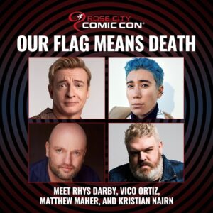 Rhys Darby Instagram - 🏴‍☠️ AHOY! The Revenge will be docking at RCCC with Captain Stede Bonnet (Rhys Darby), Jim (Vico Ortiz), Black Pete (Matthew Maher), and Wee John Feeney (Kristian Nairn) stepping ashore!

Grab your RCCC badge and come meet the cast of Our Flag Means Death this September! 🎟️ >> rosecitycomiccon.com/badges

#rosecitycomiccon #rccc #rccc24 #ourflagmeansdeath #stedebonnet #rhysdarby #blackpete #matthewmaher #jim #vicoortiz #weejohnfeeney #kristiannairn @rhysiedarby @puertoricaninja @kristiannairn