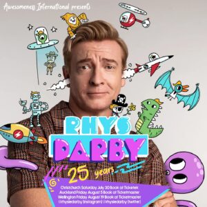 Rhys Darby Instagram - Aotearoa! Come and celebrate 25yrs of Standup with me! This old kid is dusting off the best bits from his 5 specials Plus new gear fresh from a mini US tour. #Darby25 

Tickets on sale July 4th!

Christchurch July 30th - Ticketek
Auckland August 5th - Ticketmaster
Wellington August 19th - Ticketmaster

Cool poster art and design by @fot_angus 
Gorgeous pic by @vonswank