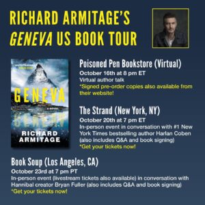 Richard Armitage Instagram - Richard Armitage (@richardcarmitage) joined us in the Pegasus office yesterday to sign pre-order copies of his debut thriller GENEVA (coming October 12th). 🏔️

Signed preorders are available for US readers through @poisonedpenbookstore and @booksoup (included with the ticket to the livestream of Richard’s event with @bryanfullergram). ✍️

Swipe to see Richard’s US bookstore stops and register now! 🎟️ @poisonedpenbookstore @strandbookstore @booksoup