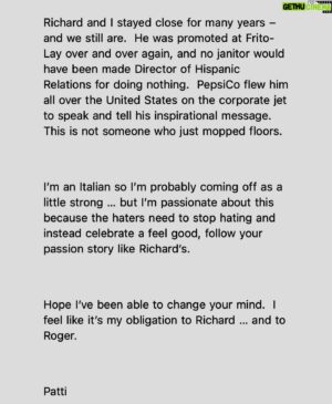 Richard Montañez Instagram - Please Read , this letter to the media is from the real Patti Rueff , Roger Enricos (ceo of Pepsi & Frito lay ) executive assistant for over 20 years .  I am forever grateful to her for putting the call thru to Roger because it changed my life forever !